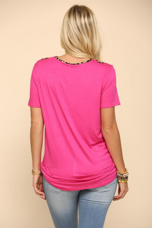 Crisscross Cutout Leopard Trim Top - Pink