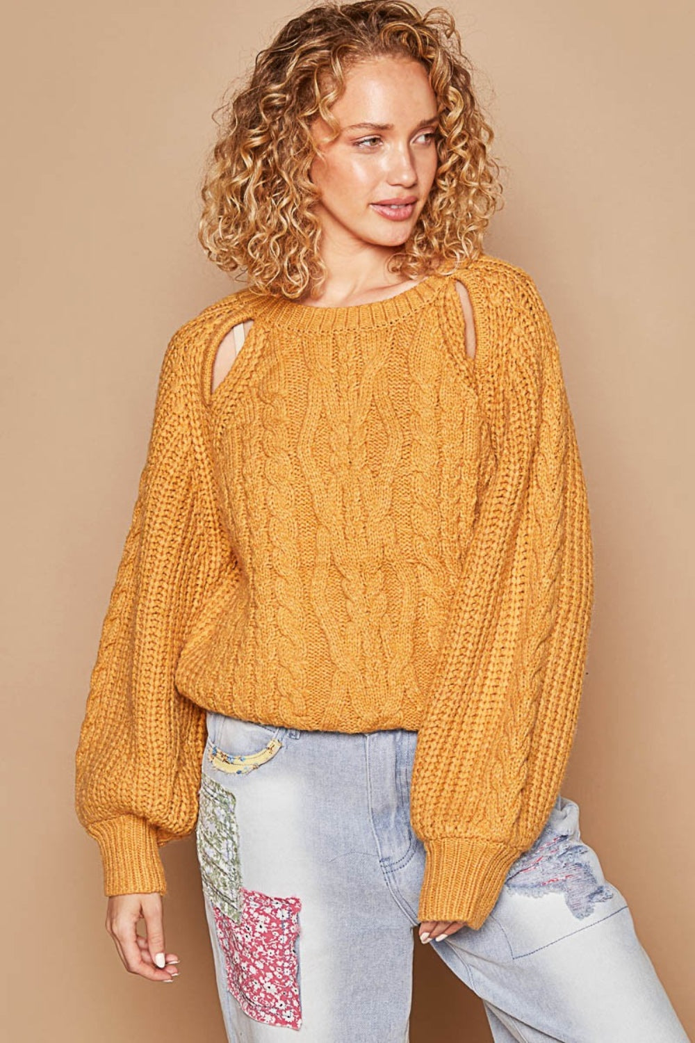 Cable Knit Cutout Long Sleeve Sweater - Honey Mustard