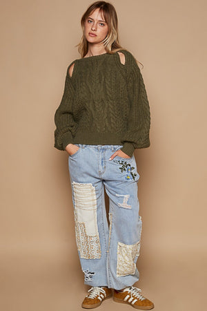 Cable Knit Cutout Long Sleeve Sweater - Dried Olive