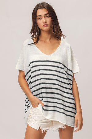 V-Neck Striped Short Sleeve Top - Black