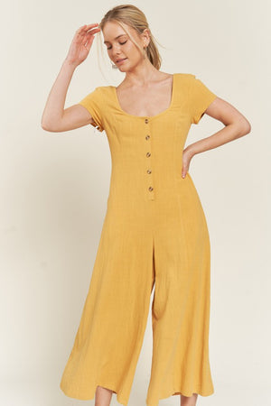 Linen Button Down Jumpsuit - Yellow, Navy