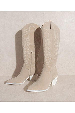 Embroidered Western Boots - Black, White, Off White, Nude, Beige