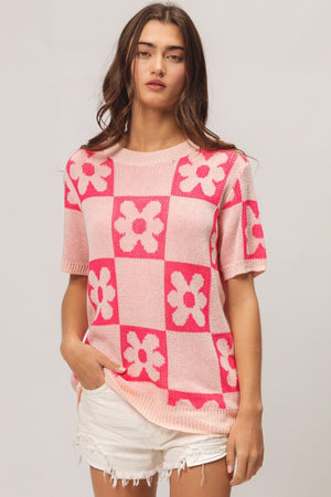 Flower Checkered Pattern Sweater - Pink