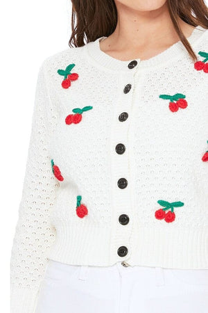 Cherry Crochet Pom Pom Cropped Cardigan Sweater Mak 
