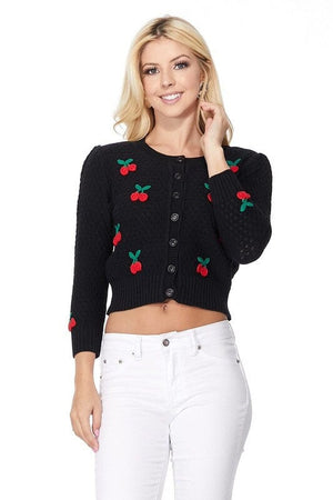 Cherry Crochet Pom Pom Cropped Cardigan Sweater Mak Black/Red S 