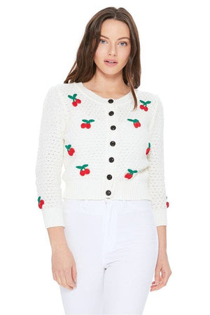 Cherry Crochet Pom Pom Cropped Cardigan Sweater Mak Ivory/Red S 