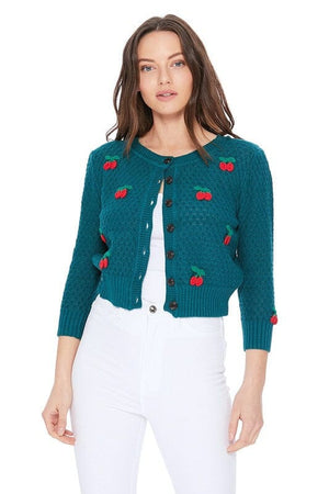 Cherry Crochet Pom Pom Cropped Cardigan Sweater Mak Peacock/Red S 