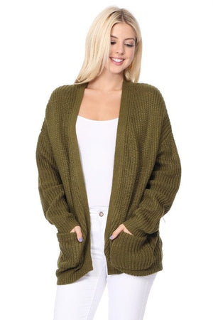 Chunky Waffle Knit Open Front Sweater Cardigan Mak Olive SM 