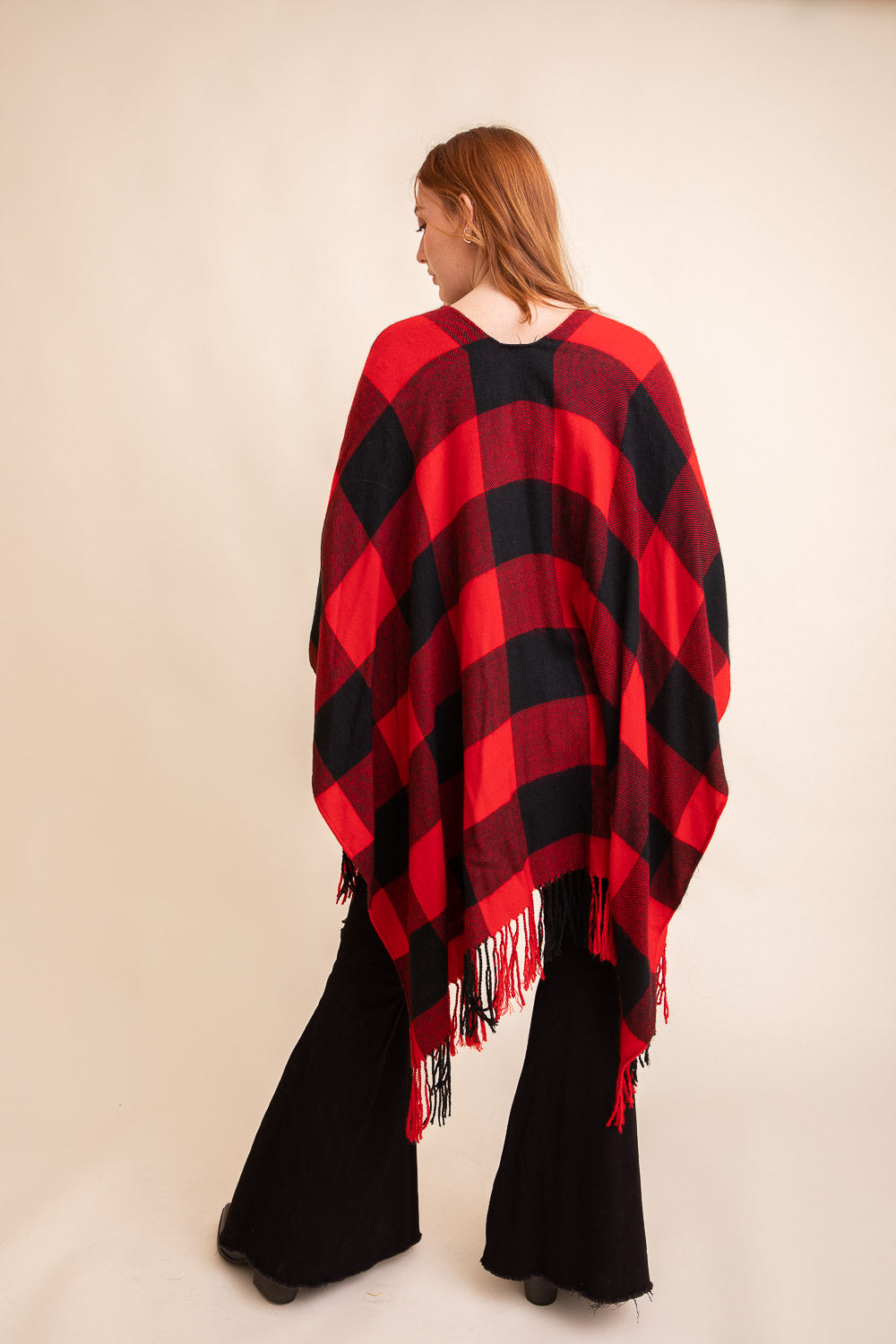 Classic Buffalo Check Tassel Poncho Ponchos One Size / Red