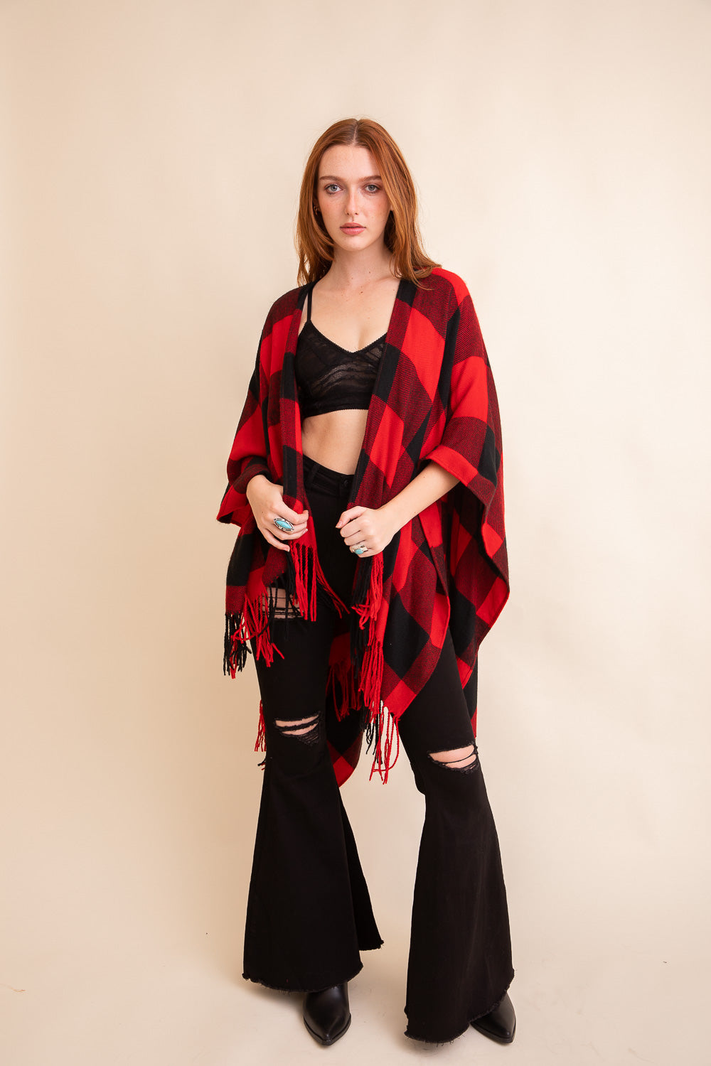 Classic Buffalo Check Tassel Poncho Ponchos One Size / Red