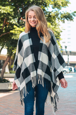 Classic Buffalo Check Tassel Poncho Ponchos One Size / White