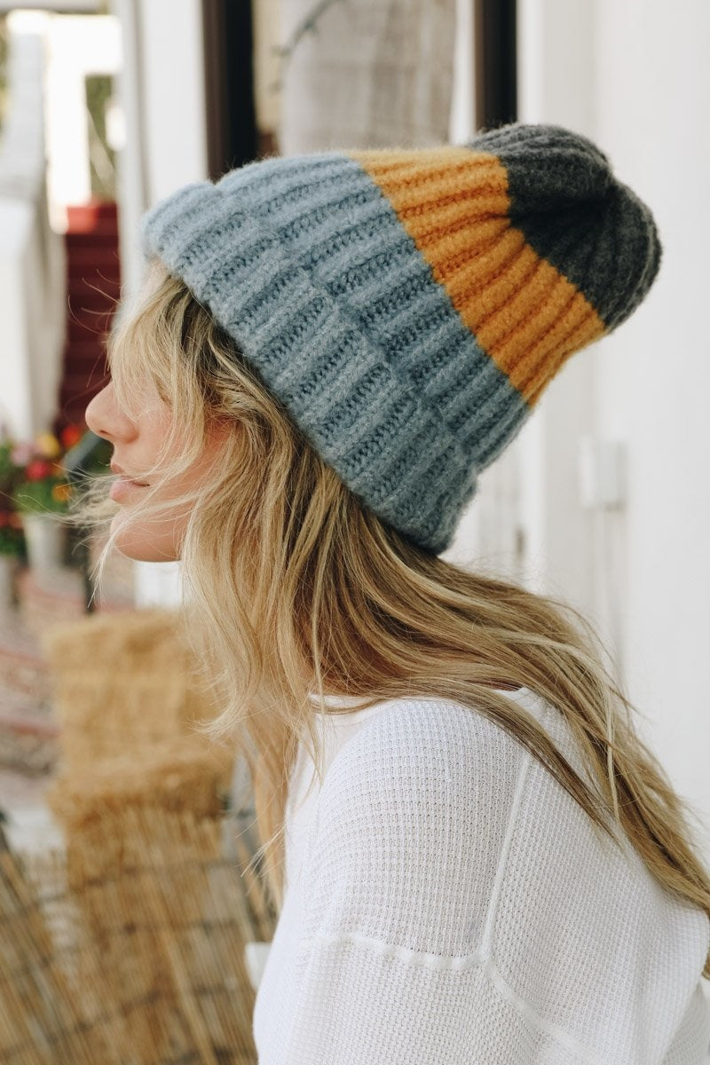 Color Block Knit Beanie Hats & Hair Blue Mustard