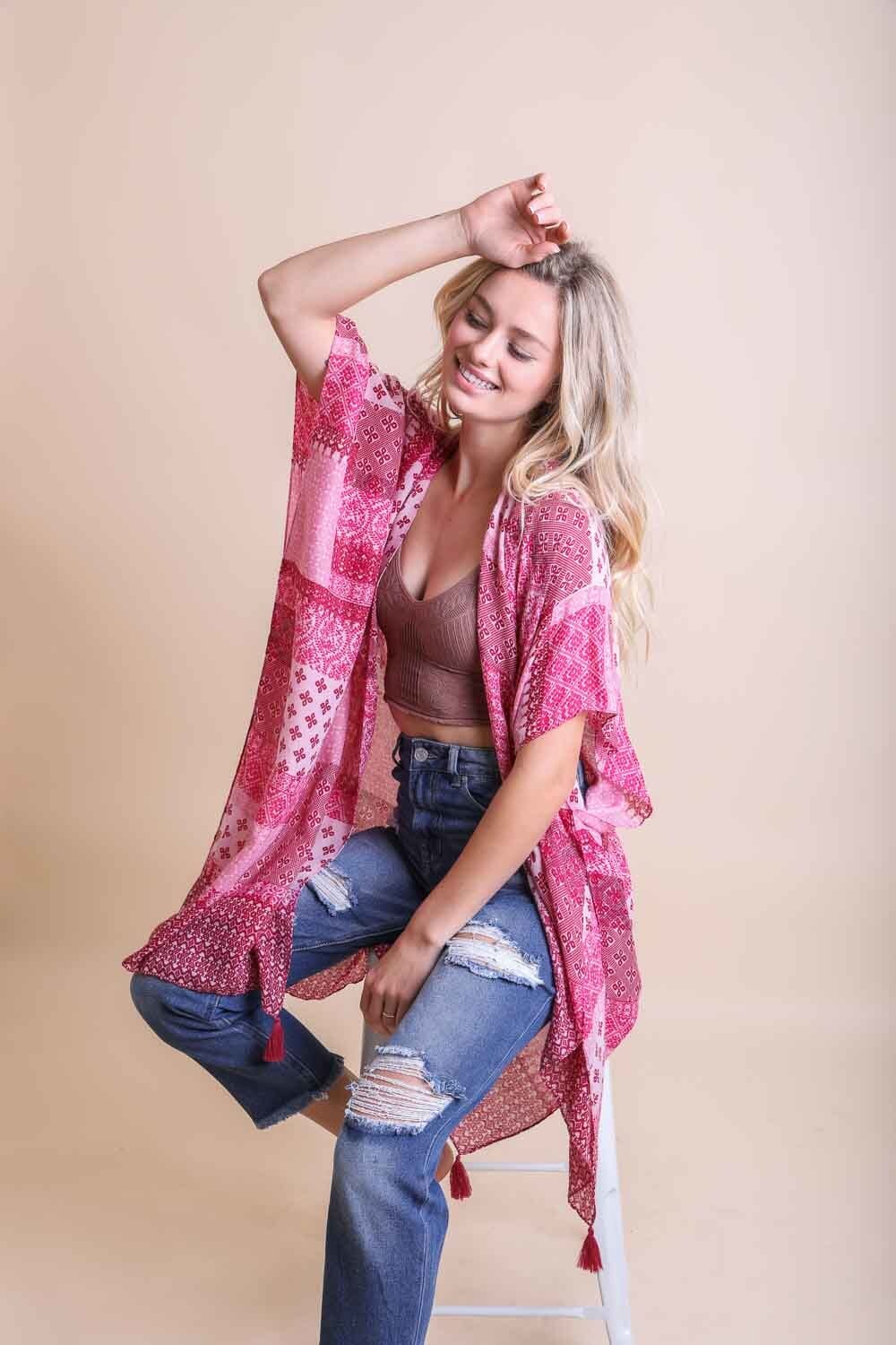 Color Graded Patchwork Kimono Ponchos Leto Collection Fuchsia 