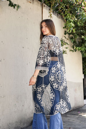 Contrast Mesh Cotton Lace Kimono