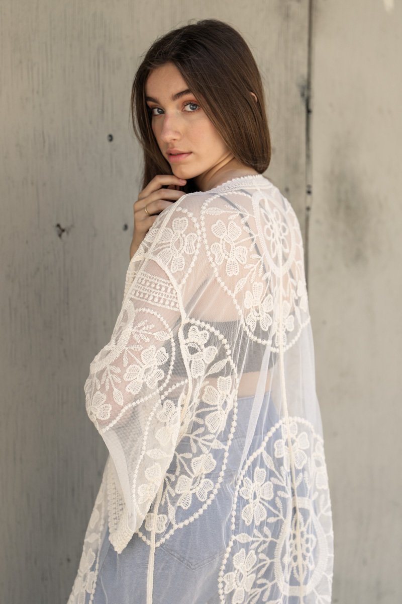 Contrast Mesh Cotton Lace Kimono Ivory