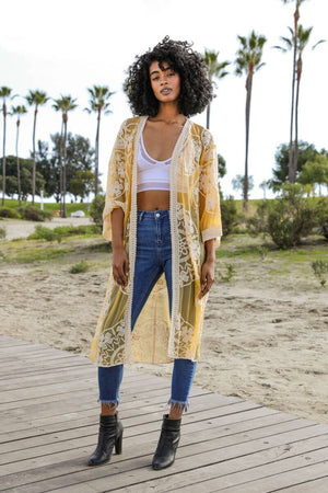 Contrast Mesh Cotton Lace Kimono Kimono Leto Collection Mustard 