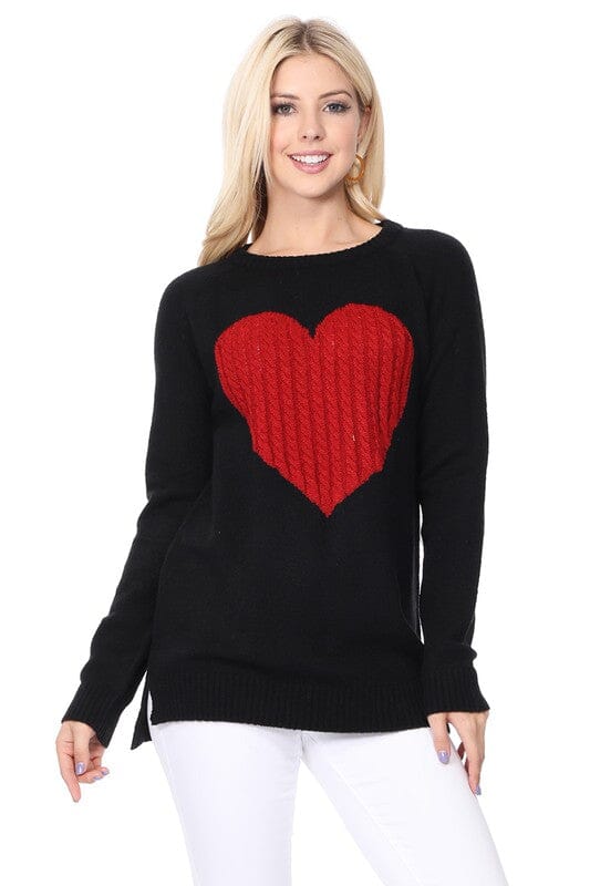 Cozy Heart Jacquard Round Neck Pullover Sweater Mak Black/Red S 