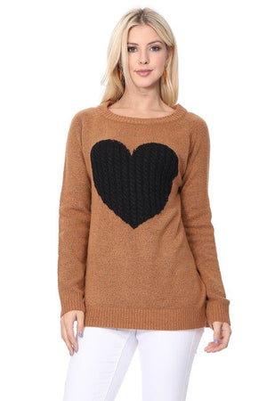 Cozy Heart Jacquard Round Neck Pullover Sweater Mak Camel/Black S 