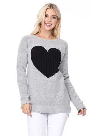 Cozy Heart Jacquard Round Neck Pullover Sweater Mak Grey/Black S 