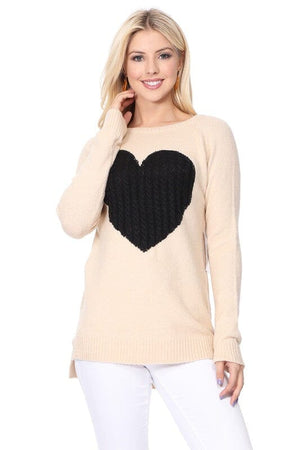 Cozy Heart Jacquard Round Neck Pullover Sweater Mak Taupe/Black S 