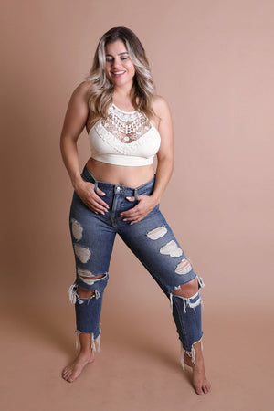 Ivory high neck plus size crochet bralette for layering.