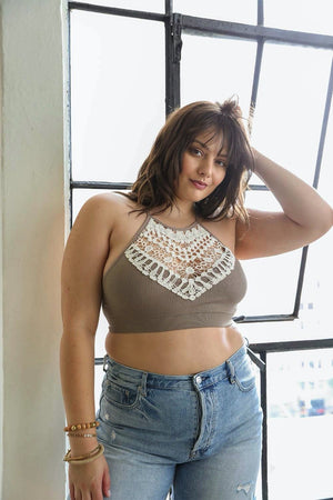 Plus size crochet lace mocha bralette for layering and comfort.