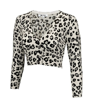 Cropped Bolero Leopard Print Sweater Cardigan Mak Ivory/Grey S 