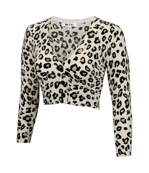 Cropped Bolero Leopard Print Sweater Cardigan Mak Ivory/Taupe S 