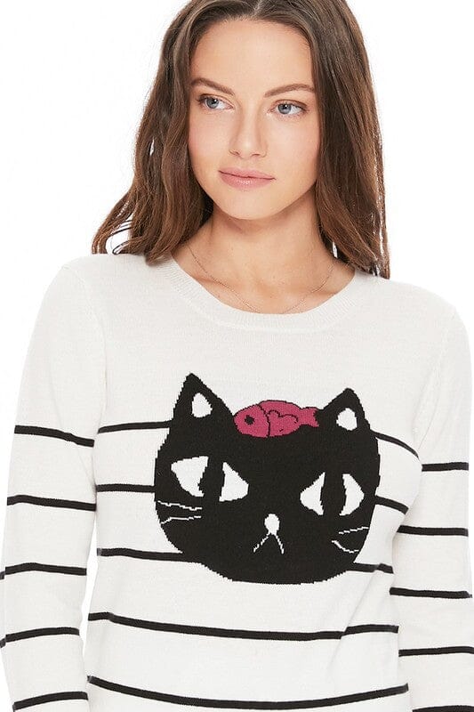 Cute Cat Face Jacquard Sweater Pull Over Mak Ivory S 