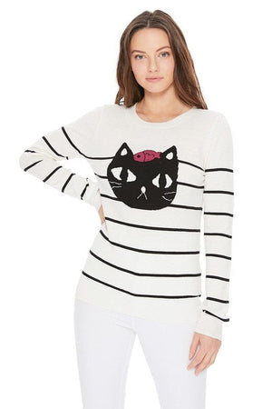 Cute Cat Face Jacquard Sweater Pull Over Mak Ivory S 