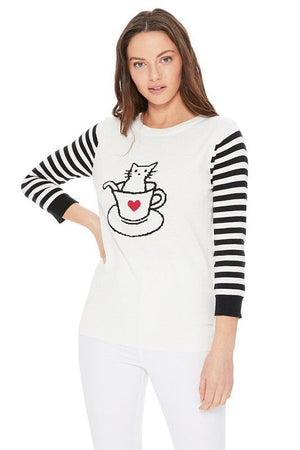 Cute Cat In Cup Jacquard Sweater Top Mak Ivory S 