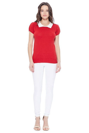 Cute Contrast Collar Pleated Cap Sleeve Knit Top Mak 