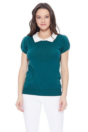 Cute Contrast Collar Pleated Cap Sleeve Knit Top Mak 