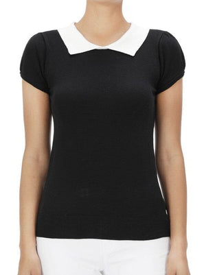 Cute Contrast Collar Pleated Cap Sleeve Knit Top Mak Black/Ivory S 