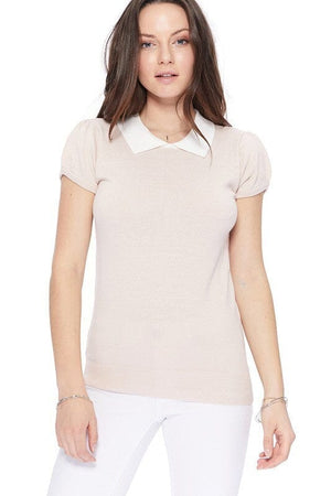 Cute Contrast Collar Pleated Cap Sleeve Knit Top Mak Blush/Ivory S 