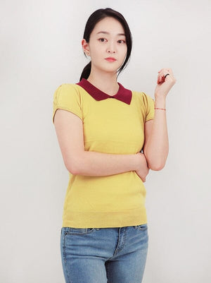 Cute Contrast Collar Pleated Cap Sleeve Knit Top Mak Honey/Purple S 