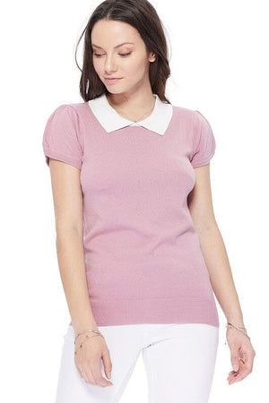 Cute Contrast Collar Pleated Cap Sleeve Knit Top Mak Mauve/Ivory S 