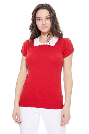 Cute Contrast Collar Pleated Cap Sleeve Knit Top Mak Red/Ivory S 