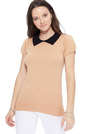 Cute Contrast Collar Pleated Cap Sleeve Knit Top Mak Tan/Black S 