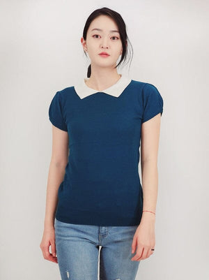 Cute Contrast Collar Pleated Cap Sleeve Knit Top Mak Teal Blue/Ivory S 