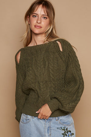 Cable Knit Cutout Long Sleeve Sweater - Dried Olive