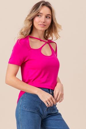 Cutout Neck Short Sleeve T-Shirt - Fuchsia