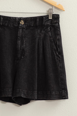 High Waist Pleated Linen Shorts - Black