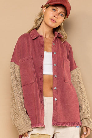 Contrast Sweater Sleeve Button Down Shacket