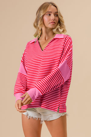 Striped Contrast Long Sleeve Knit Top - Pink