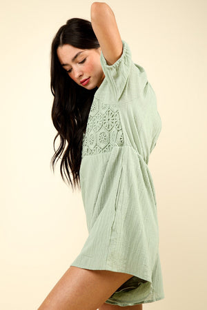 Lace Detail Puff Sleeve Romper with Pockets - Sage Green