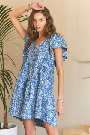 Printed V-Neck Ruffle Sleeve Mini Dress