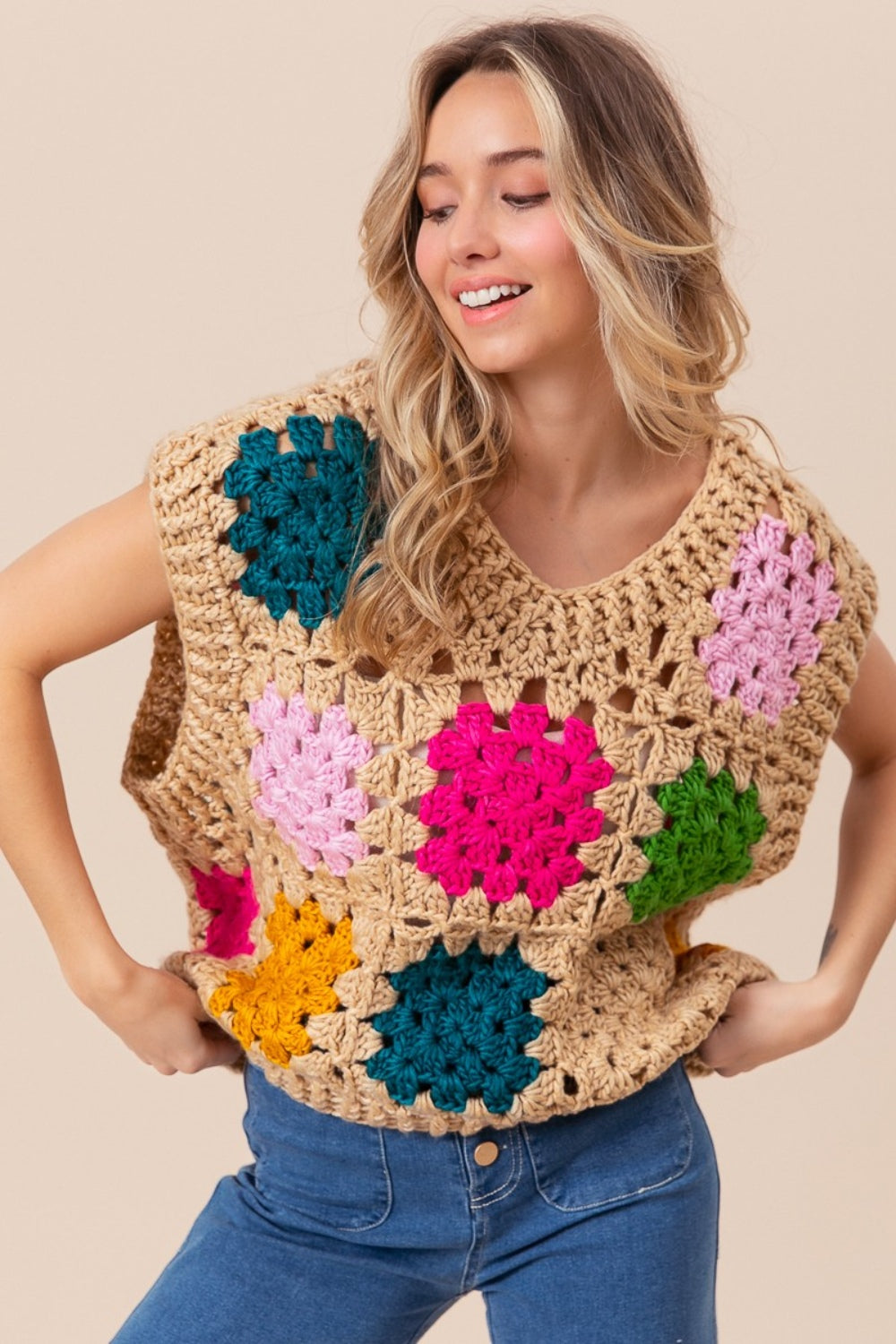 Crochet Square Open Sweater Vest - Taupe