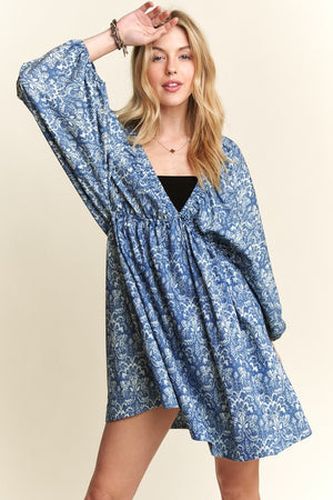 Printed V-Neck Batwing Sleeve Mini Dress