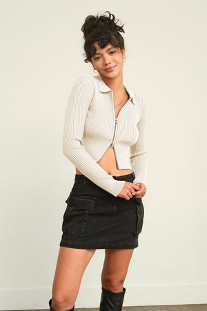 Ribbed Double Zip Cropped Cardigan - Cream